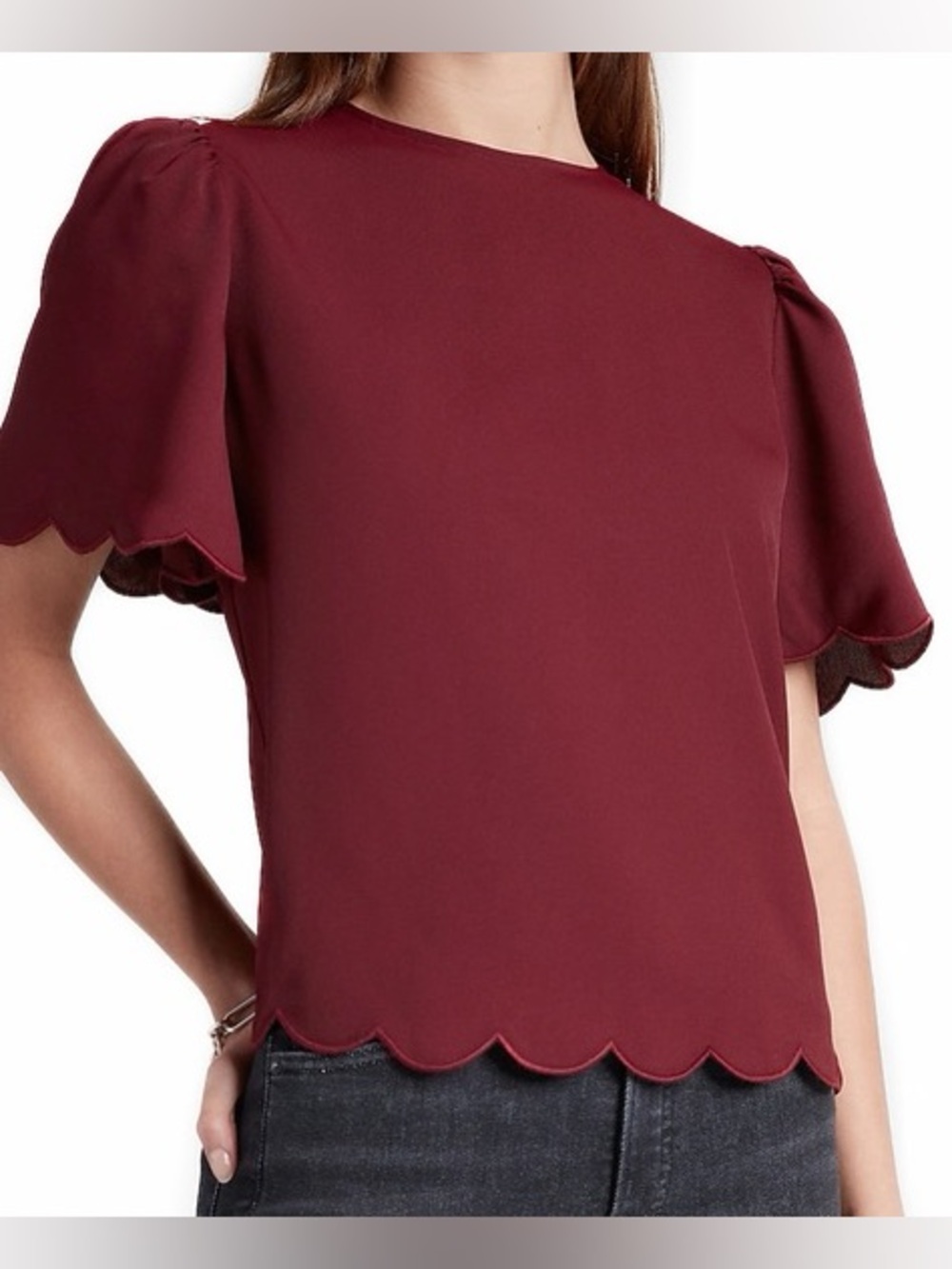 Express Wine Scallop-Hem Short Sleeve Blouse